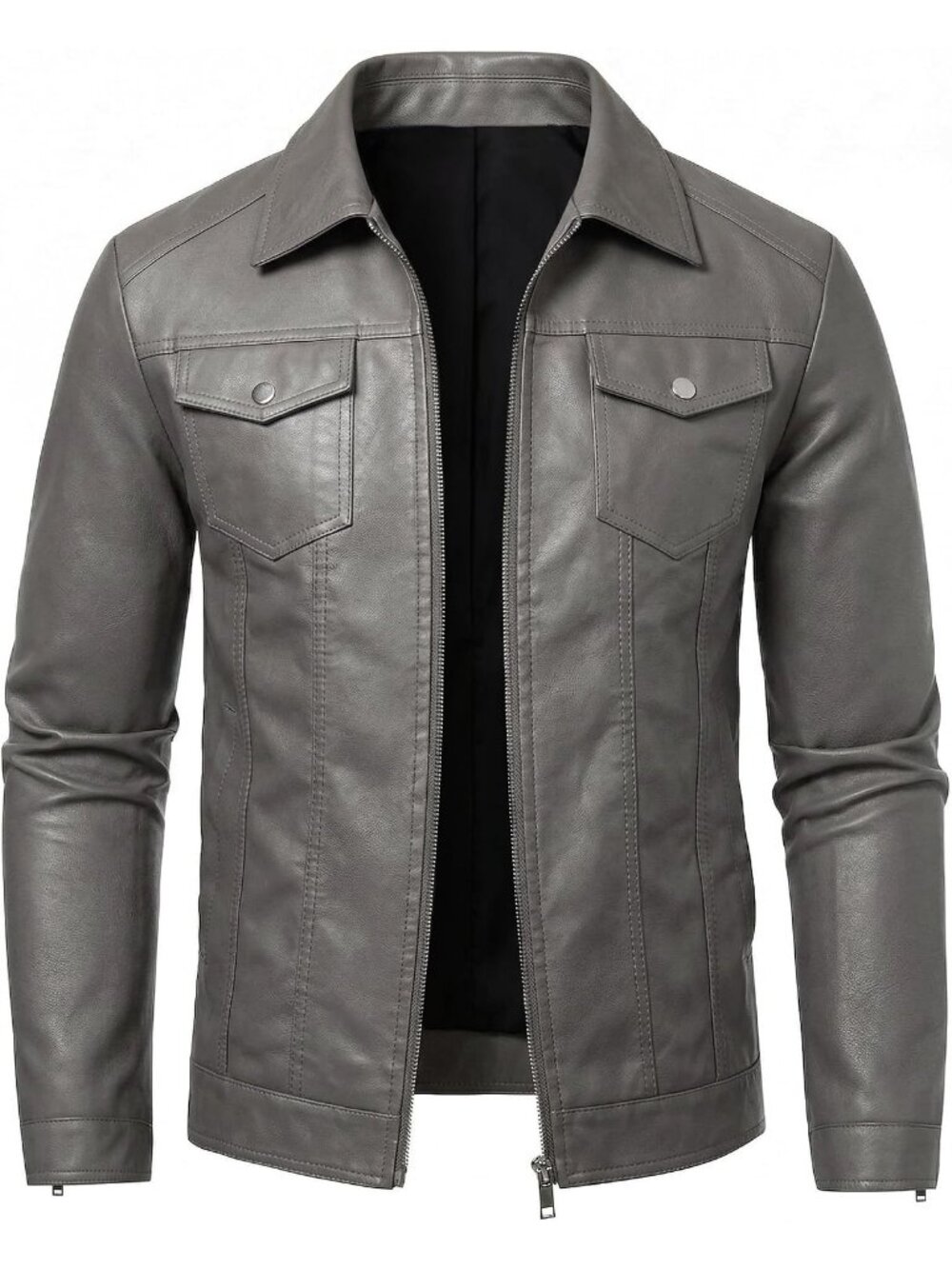 Men's Grey Faux Leather Two Side Hand Pockets Motorcycle Biker Jacket
